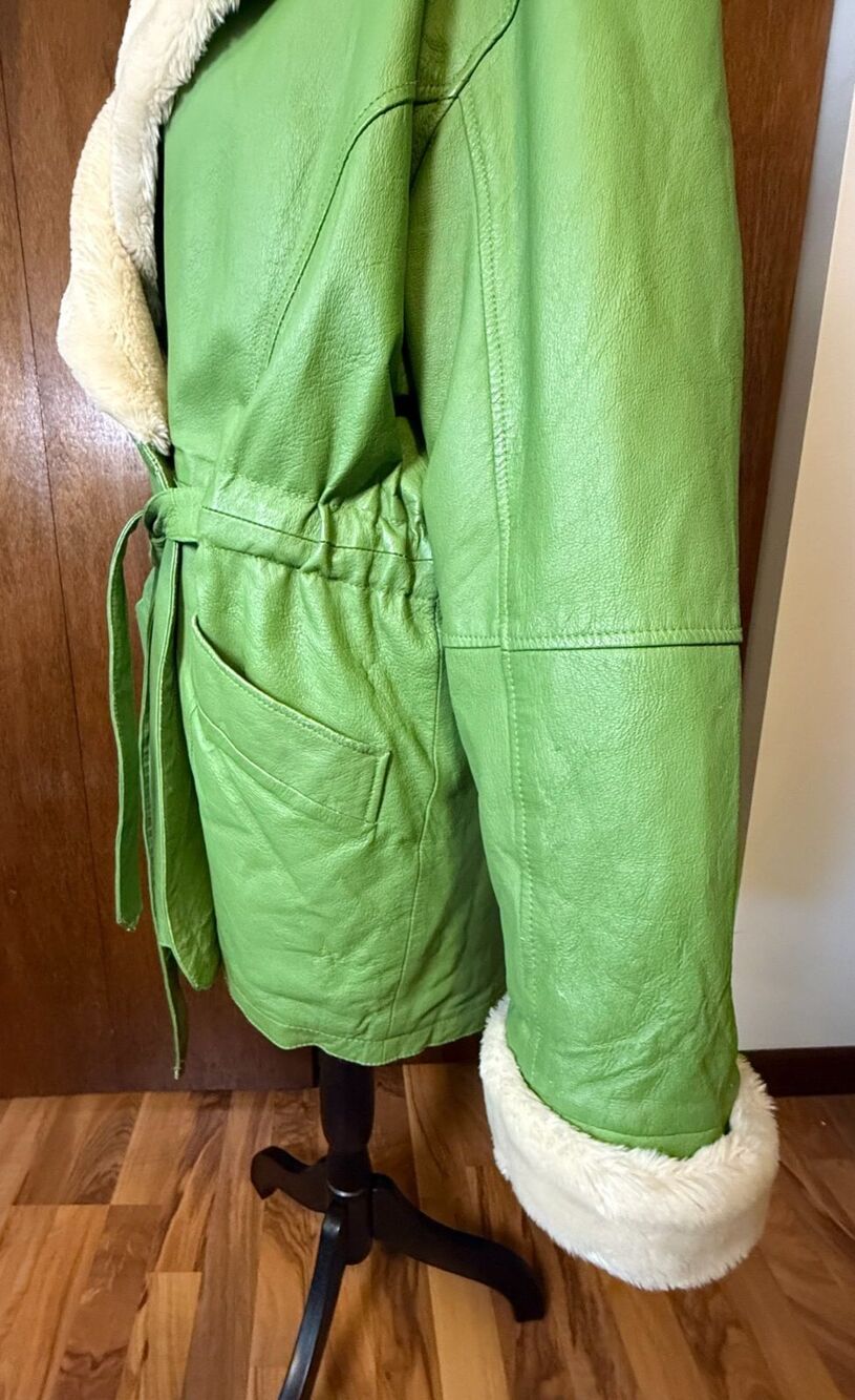 RARE Vtg Leather/Faux Fur Lined USA GREEN Coat w/Hood Penny Lane Protocol Medium - Picture 13 of 16